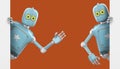 Robot Cartoon funny 3D video render - wave your hand to greet, isolate on orange