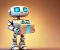 Robot character holds a cardboard, box with blue bow over golden background, generative AI illustration with copy space