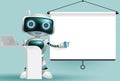 Robot character presentation vector background design. Robotic 3d character pointing and presenting empty white projector screen. Royalty Free Stock Photo