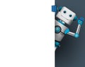 Robot character vector illustration. Robotic mascot holding empty white board