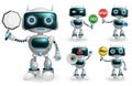 Robot character vector set. Robotic characters showing signage symbol like go and stop placard element in standing. Royalty Free Stock Photo