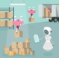 Robot character warehouse future technology carry box delivery, mail service flat vector illustration. Modern drone Royalty Free Stock Photo