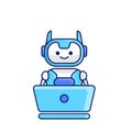 Robot character work with laptop vector illustration. Cute Cartoon Robot Illustration Royalty Free Stock Photo