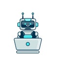 Robot character work with laptop vector illustration. Cute Cartoon Robot Illustration Royalty Free Stock Photo
