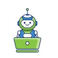 Robot character work with laptop vector illustration. Cute Cartoon Robot Illustration Royalty Free Stock Photo