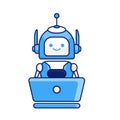 Robot character work with laptop vector illustration. Cute Cartoon Robot Illustration