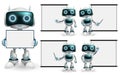 Robot characters presentation vector set. Robots character with robotic pose and gestures showing white screen projector board.