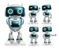 Robot characters vector set. Robotic character with happy modern technology post and gestures for robots collection design.