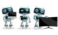 Robot characters vector set. Robotic character with modern devices like smartphone, television and laptop in holding and showing.