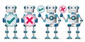 Robot characters vector set. White robotic cyborg holding placards