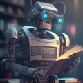 Robot Chat-bot reading book. Machine learning. Generative Ai. Royalty Free Stock Photo