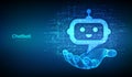 Robot chatbot head icon sign made with binary code in wireframe hand. Chatbot assistant application. Digital binary data and Royalty Free Stock Photo