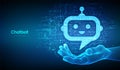Robot chatbot head icon sign made with binary code in wireframe hand. Chatbot assistant application. Digital binary data and Royalty Free Stock Photo