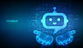 Robot chatbot head icon sign made with binary code in wireframe hands. Chatbot assistant application. Digital binary data and Royalty Free Stock Photo