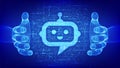 Robot chatbot head icon sign made with binary code in wireframe hands. Chatbot assistant application. Digital binary data and Royalty Free Stock Photo