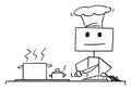 Robot Chef or Cook Cooking in Kitchen , Vector Cartoon Stick Figure Illustration