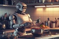 Robot chef cooking in kitchen of future home genius, smart robot working in modern house