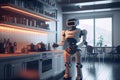 Robot chef cooking in kitchen of future home genius, smart robot working in modern house