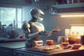 Robot chef cooking in kitchen of future home genius, smart robot working in modern house