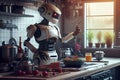 Robot chef cooking in kitchen of future home genius, smart robot working in modern house