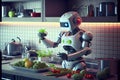 Robot chef cooking in kitchen of future home genius, smart robot working in modern house