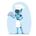 Robot chef holding serving tray. Cooking machine. AI innovation. Futuristic technology. Cyborg carrying meal. Automatic