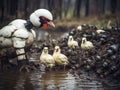 Robot chicken, a chicken with a robot head, is standing in a pond with some ducks. Generative AI image.