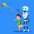 Robot With Child Fly A Kite Vector. Isolated Illustration