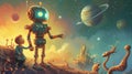 Child and Robot Gazing at Space in Sci-Fi Illustration Royalty Free Stock Photo