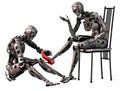 Robot cinderella, android man tries a red high heel shoe in the foot of an android woman, 3d illustration