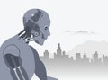Robot with city skyline and clouds illustration