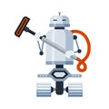 Robot cleaner on wheels holding vacuum cleaner attachment cartoon icon. Humanoid home, office helper.