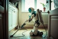 Robot cleaning the floor in kitchen. Generative AI