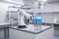 robot, cleaning and sanitizing benchtop in cleanroom, with equipment for scientific research visible