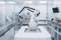 robot, cleaning and sanitizing benchtop in cleanroom, with equipment for scientific research visible