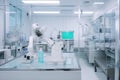 robot, cleaning and sanitizing benchtop in cleanroom, with equipment for scientific research visible