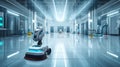 Robot cleans big room, office or laboratory. Professional robot cleaner robotic janitor. Generative AI