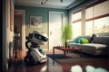 Robot cleans house. Professional robot cleaner robotic janitor in smart home. Created with Generative AI technology