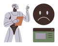 Robot with Clipboard Analyzing Sad Face and Error Window for Problem Solving Royalty Free Stock Photo