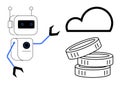 Robot with Cloud and Coins AI, Cloud Computing, and Digital Economy Concepts Royalty Free Stock Photo