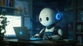 Cute robot wearing headphones uses laptop and computer in dark room, future tech, AI Royalty Free Stock Photo