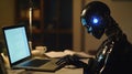 Robot working on laptop at night, artificial intelligence, coding and technology Royalty Free Stock Photo