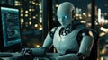 AI Robot Working on Computer with Code on Screen, Futuristic Technology Concept Royalty Free Stock Photo