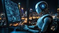 Robot working on computer with data on screen and city lights background at night Royalty Free Stock Photo