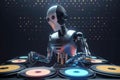 A robot comparing different music genres and creating unique playlists for the user. . AI generation