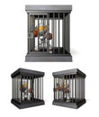 A robot confined in a barred cage. One set.