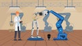 Robot construction plant flat vector illustration. Smiling scientist in white coat building droid character. Cyborg