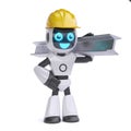 Robot construction worker, robot with yellow hard hat holding steel beam 3d rendering