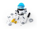 Robot construction worker with various tools. Technology concept