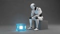 robot contemplating a glowing blue cube, modern AI concept for innovation and future technology applications Royalty Free Stock Photo